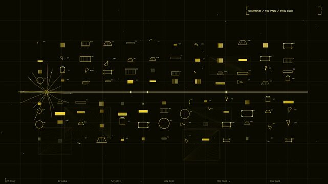 Futuristic gold HUD interface displaying technical telemetry data and geometric shapes on dark grid background