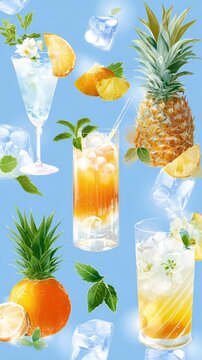 Brightly colored cocktails are beautifully arranged against a soothing blue backdrop. Lively fruits like pineapples and oranges add a refreshing touch, perfect for a summer celebration
