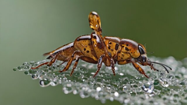Macro shot of a beetle on a green leaf covered with morning dew drops, nature background