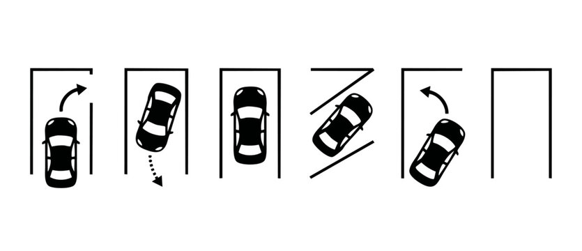 Car Parking Instructions Vector Icons, Parallel and Angle Parking Guide for Drivers, Step by Step Automotive Maneuvers and Traffic Signs Illustration Set for Driving Schools and Parking Lot Safety Lab