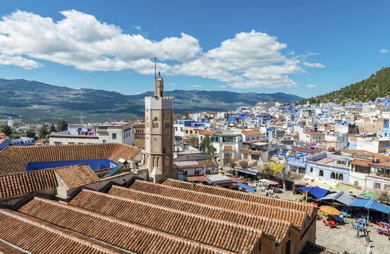 Great Mosque with minaret at the city center, Kasbah, view over Chefchaouen, Chaouen, Tangier-T&eacute;touan, Morocco, Africa