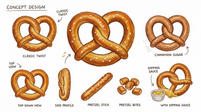 Delicious Hand-Drawn Pretzel Illustrations with Salt and Mustard for Food Concepts.