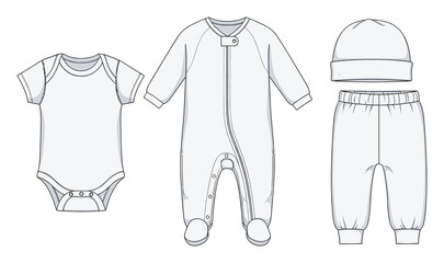 Naklejka premium Newborn baby clothes technical drawing with bodysuit, sleepsuit, hat and pants set