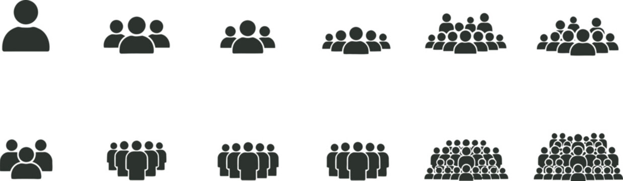 Set of black people group icons with various population numbers representing crowd size and team count for business statistics and data visualization design elements