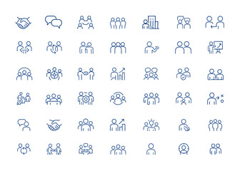 Obraz premium Minimalist vector icons illustrating business relationships, communication, teamwork, company unity, project collaboration, outline symbols, editable design for professional use, corporate and more.