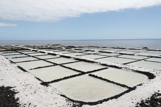 Salinas Tenegu&iacute;a salt evaporation ponds, on the southern cape of Punta de Fuencaliente, La Palma, Canary Islands, Spain