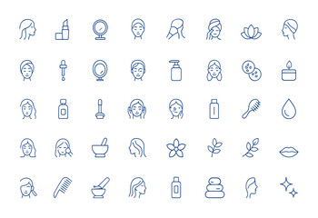 Obraz premium Minimalist vector outline beauty icons featuring facial, cosmetic, cosmetics, brush, relax, pictogram designs for makeup, skincare, wellness, spa, self-care, elegance, style and more.