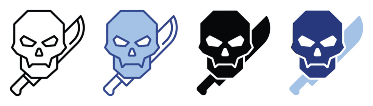 Stylized skull and machete icon in diverse styles, perfect for gaming, pirate themes, or warning signals.