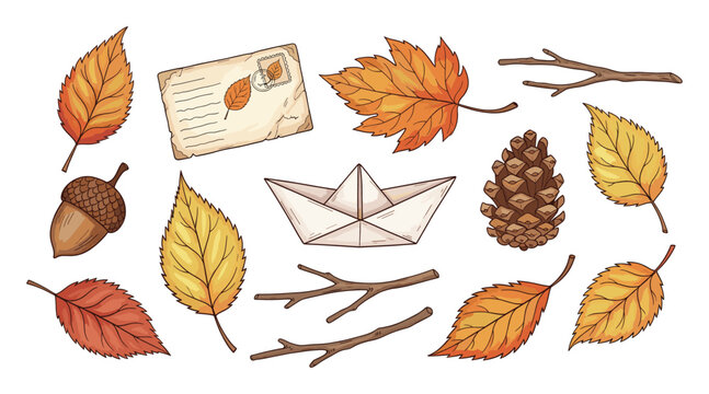 Autumn season collection with vibrant fall leaves acorn pine cone and paper boat for various seasonal projects