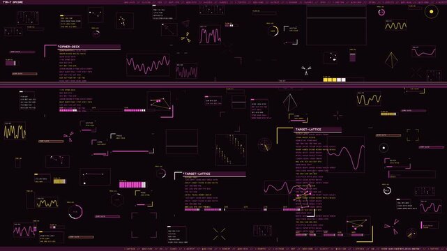 Futuristic HUD interface with purple neon data visualization tactical telemetry and cybersecurity readout elements