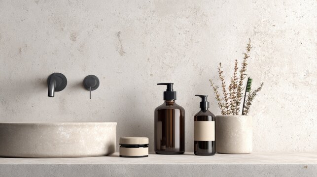 Modern bathroom sink with amber pump bottles and toothbrush in stone cup for minimalist interior design, spa product layout and lifestyle background