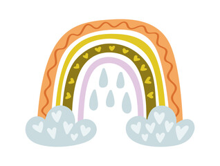 Naklejka premium Rainbow With Hearts And Raindrops Doodle