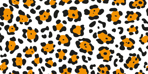 Orange black spotted animal skin pattern. Leopard, bengal, jaguar skin texture for print, fabric, textile, wrapping paper, background, wallpaper. © Rifatho