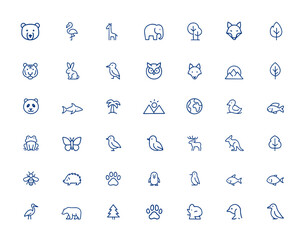 Obraz premium Minimalist wildlife icon collection featuring editable line strokes of bear, flamingo, giraffe, forest, nature, flat design UI symbols, vector illustration, animal icons, environment, fauna and more.