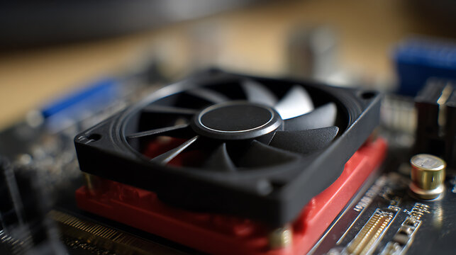 Close-up of a microcomputer fan mounted on a red heat sink, positioned on a circuit board, highlighting essential electronic components for modern technology