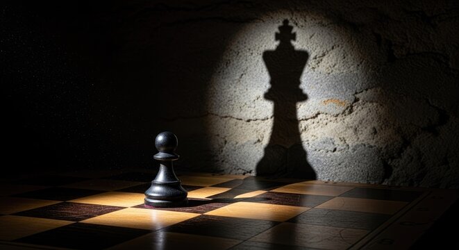 Small black pawn casting a large king shadow on a board