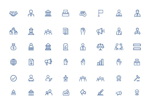 Minimalistic political outline icons featuring diplomacy, governance, voting, government, democrat, politics, and related concepts. Simple line icons for political themes, election and more.