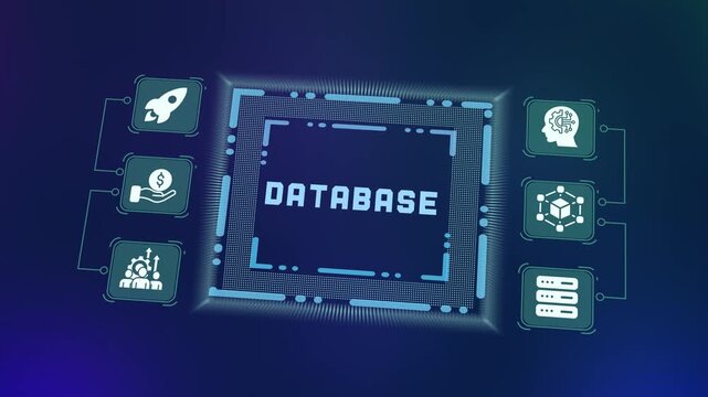 Big data management and central database server storage concept with network security and cloud icons.