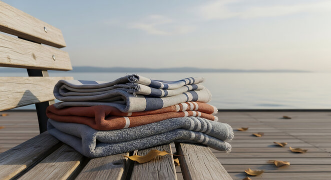 Cozy blankets stacked on a wooden bench overlooking a tranquil lake at sunset, autumn leaves scattered