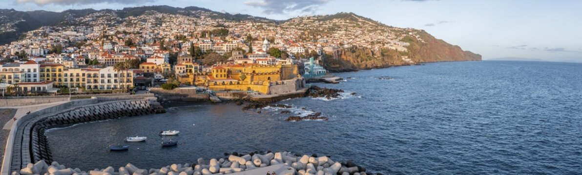Aerial view, old town with harbour, Sao Tiago fortress, Funchal, Madeira, Portugal