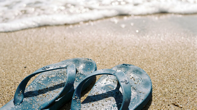 worn blue flip flops on sandy beach shoreline close up