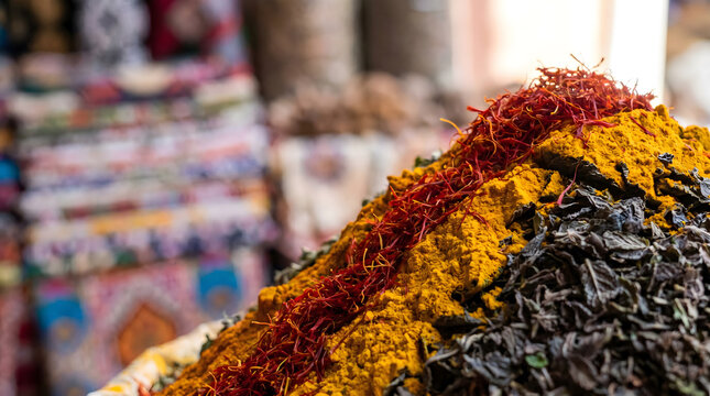 vibrant moroccan spice market close-up with colorful turmeric and saffron
