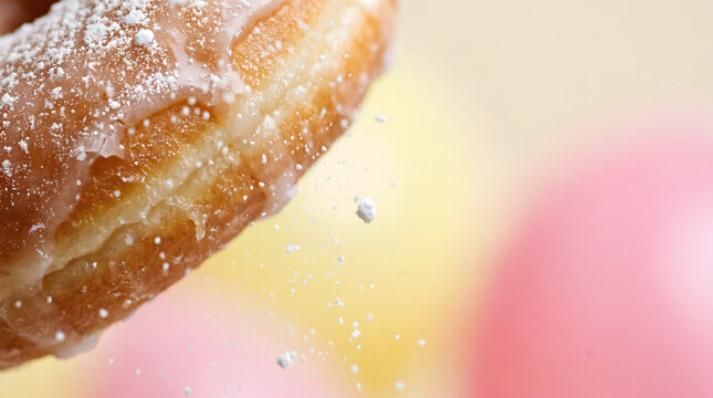 close-up of powdered sugar dusted donut with soft bokeh background