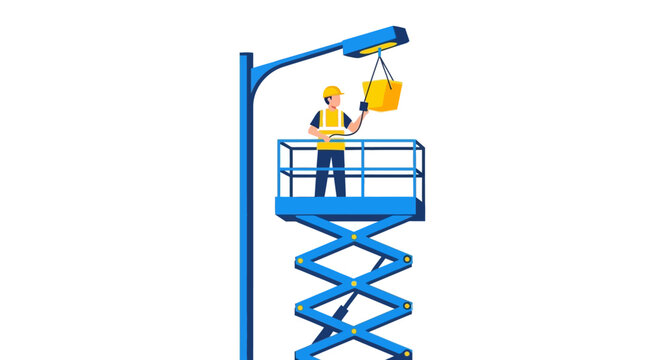 Maintenance worker on a blue scissor lift repairing a street light. Flat vector illustration of an electrician performing utility maintenance at height.