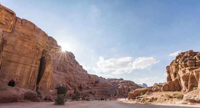 Houses carved in sandstone rocks, Nabataean town of Petra, near Wadi Musa, Jordan