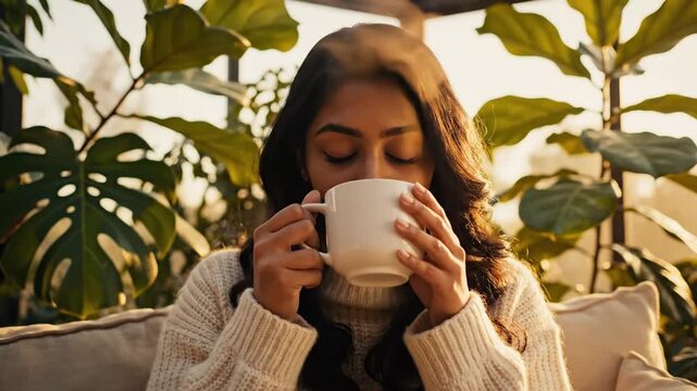 Woman holding mug in sunlit sunroom with lush green plants