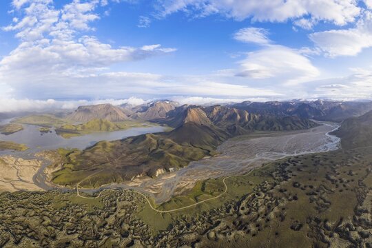 Aerial view, Mountain landscape with meandering river J&ouml;kulgilskv&iacute;sl, Landmannalaugar region, Icelandic highlands, Iceland