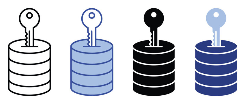 Data security icon featuring a key in a database stack for digital protection applications