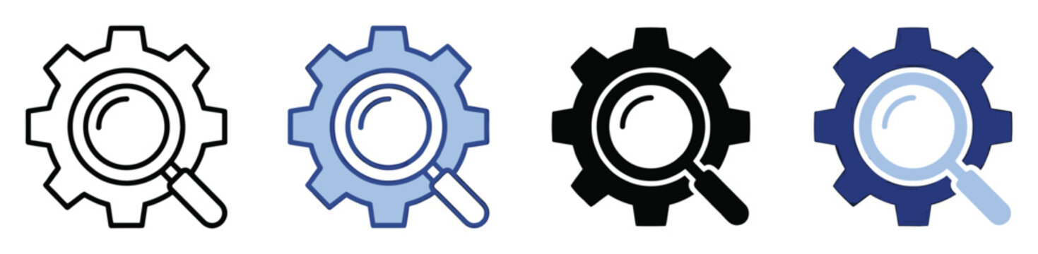 Gear and magnifying glass icon for system search and optimization settings interface for digital applications