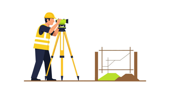 Land Surveyor with Total Station and Tripod Working on Construction Site Illustration