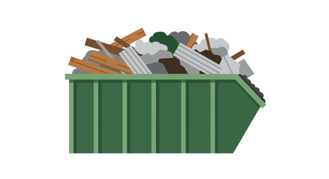 Large Green Construction Dumpster Skip Bin Overflowing with Waste and Renovation Debris Isolated on White Background