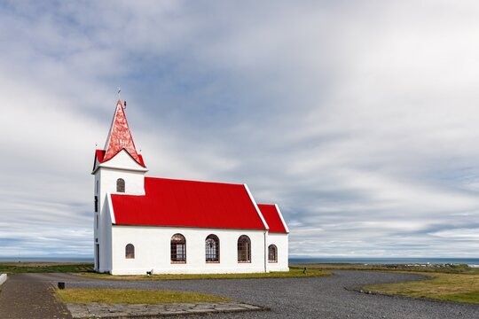 Stone church Ingjaldsh&oacute;lskirkja, Ingjaldsh&oacute;ls, Hellissandur, Snaefellsnes Peninsula, Sn&aelig;fellsnes, Vesturland, Iceland