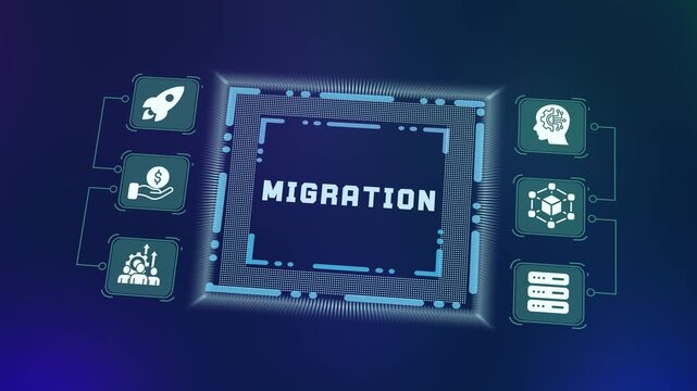 Cloud Migration and Data Transfer Concept with Futuristic Digital HUD Interface Representing Secure Server Transition and Tech Upgrade.