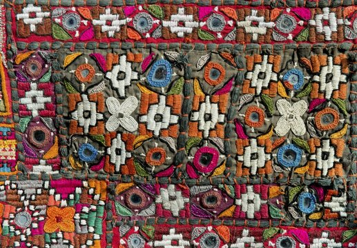 Traditional wall hanging from Rajasthan, colourful, inlaid with mirrors and different patterns, detail, Udaipur, Rajasthan, India