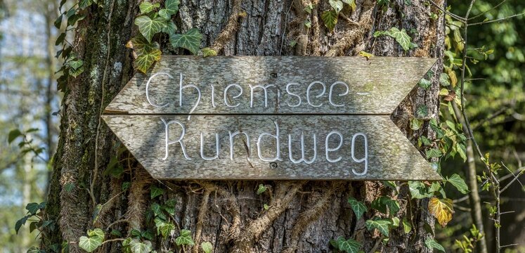 Signpost, wood sign Chiemsee circular path, Chiemsee, Upper Bavaria, Bavaria, Germany