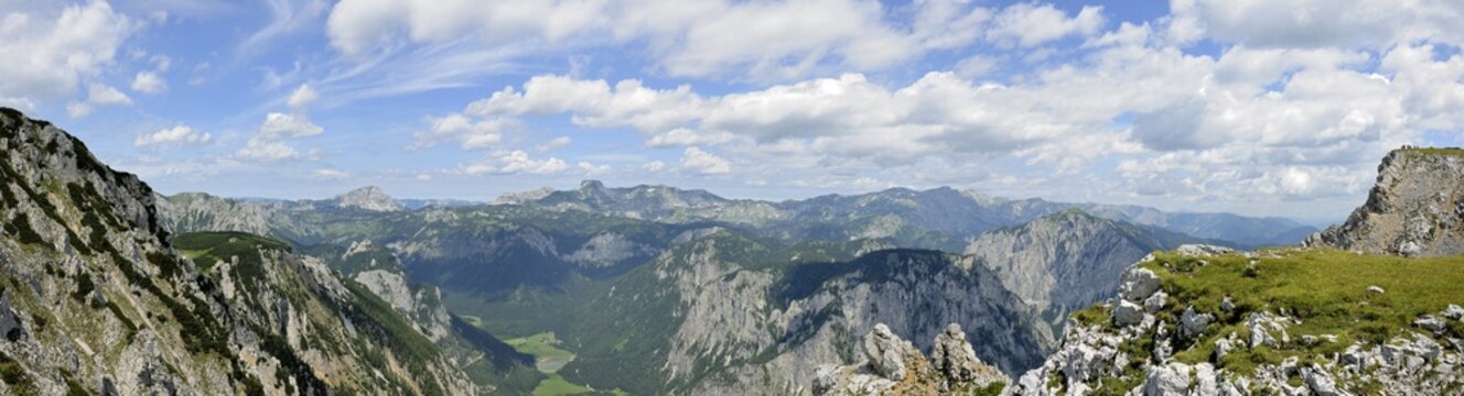 View to the Hochschwab mountains, in the middle the Pfarrerlacke pond, hiking on Mt. Trenchtling, Hochschwab, Styria, Austria, Europe