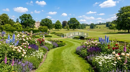 Fototapeta premium Romantic English country estate garden where a sweeping emerald lawn curves between overflowing cottage borders toward a pale ornamental bridge crossing a tranquil stream, with rolling fields and dist