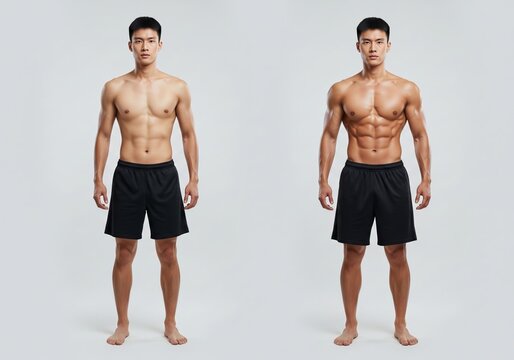 Before and After Transformation A Man's Journey to a Leaner, More Muscular Physique Isolated on a Transparent Background PNG
