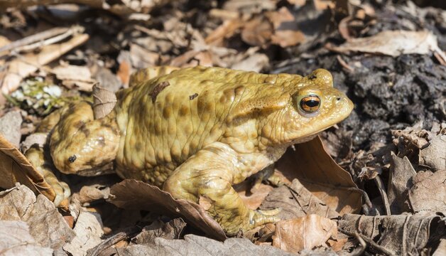 Common toad (Bufo bufo) between leaves, mating season, Stallauer Weiher, Bavaria, Germany