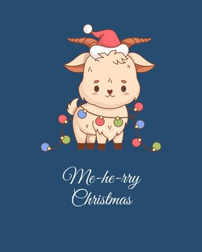 Cute Christmas goat cartoon wearing Santa hat and colorful lights with funny pun text on blue background