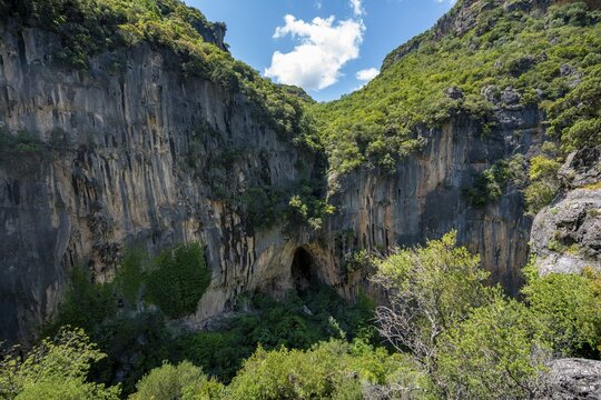 Rock face with cave, canyon with green trees, Garganta Verde, Sierra de C&aacute;diz, province of C&aacute;diz, Spain