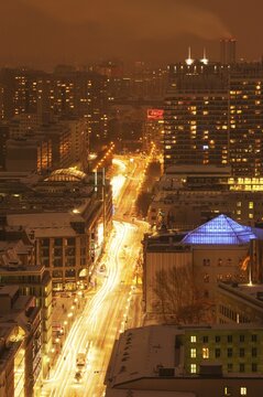 View from the Kollhoff building on the Potsdamer Strasse in the lights of the twilight, Berlin, Germany, Europe