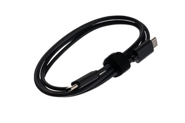 Fototapeta premium Black USB cable with plugs type A and type C at the edges on a white background 