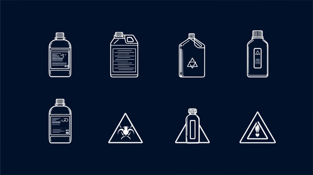Collection of chemical bottles, industrial containers, and hazard warning signs. Outline icons for safety and dangerous goods.