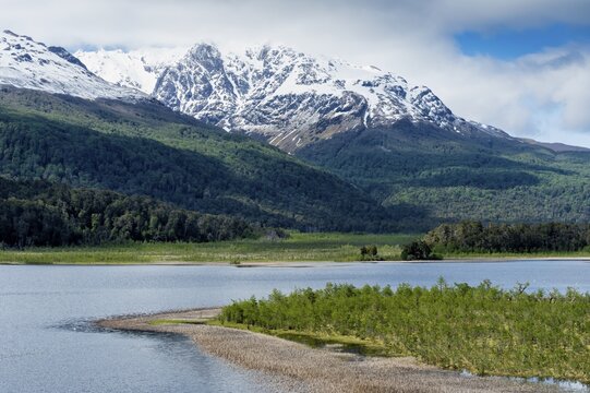 Castillo mountain range and Ibanez river wide valley viewed from the Pan-American Highway, Aysen Region, Patagonia, Chile