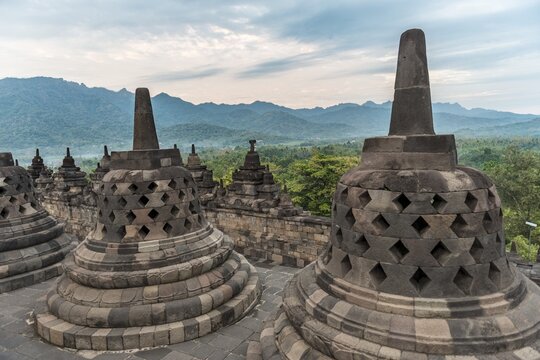 Borobudur temple, stupas, cloudy sky, Borobudur, Yogyakarta, Java, Indonesia
